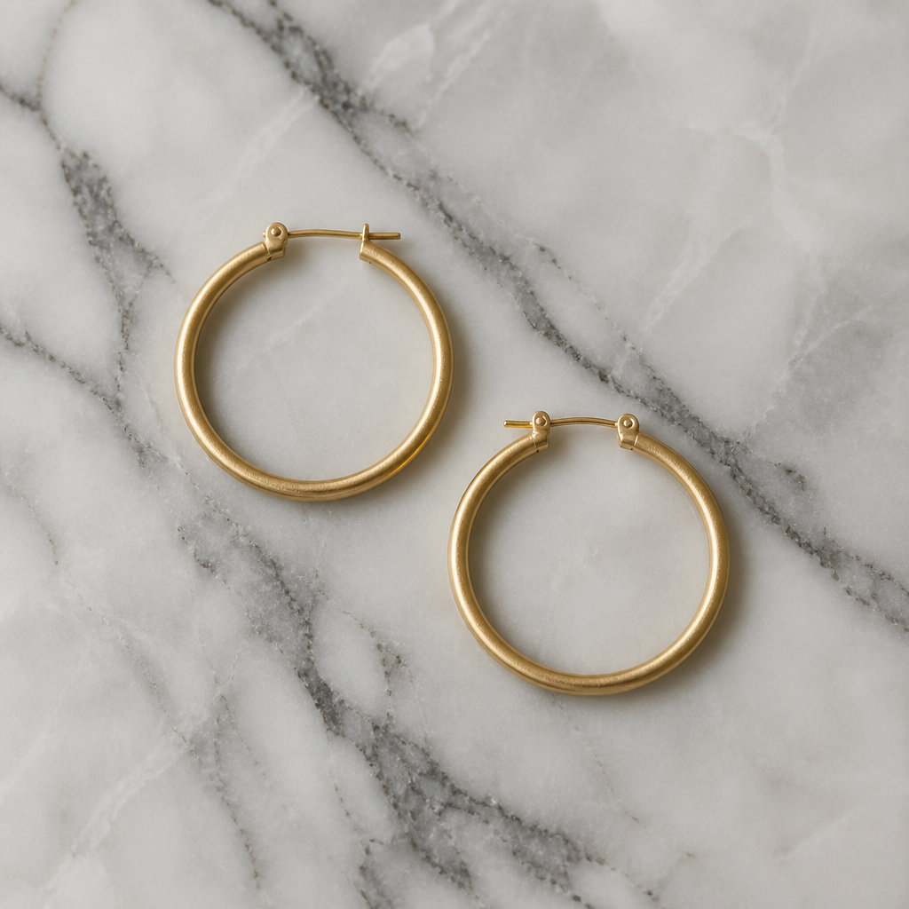 Unbranded dull plain gold hoops lying flat on a marble surface, looking unremarkable and forgettable against a neutral background