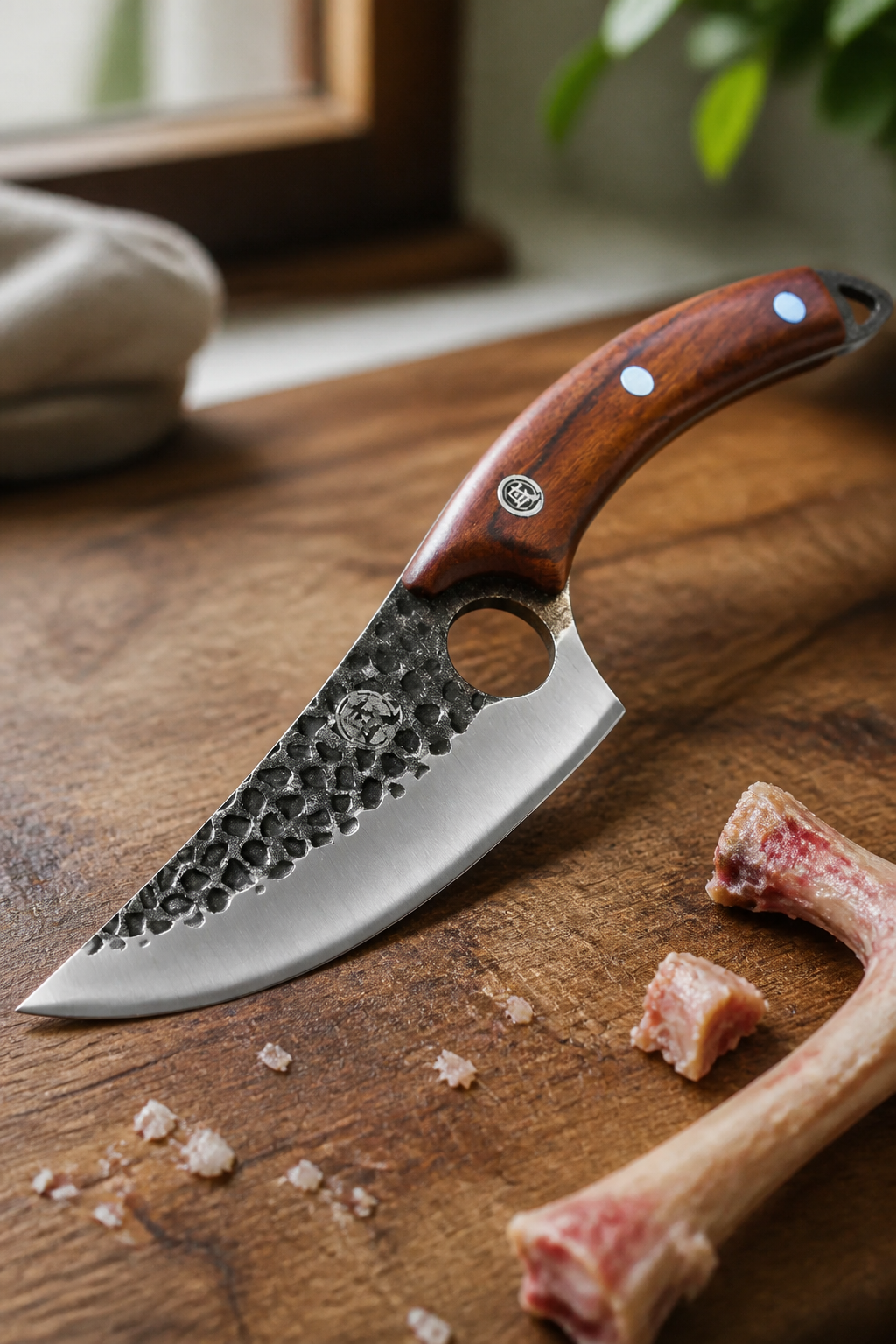 Large K sheath knife with stainless steel blade 278x46x4.2mm professional cutting tool powerful for tough bones on wooden board