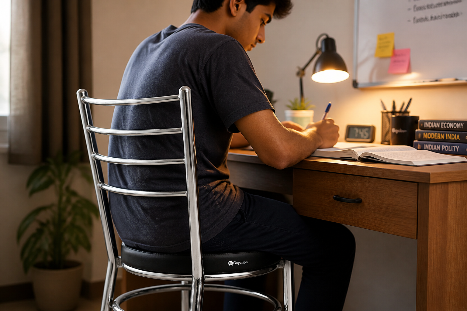 Same black chair pulled up to a wooden study desk with open books, lamp glow, and a focused student in a clean room.