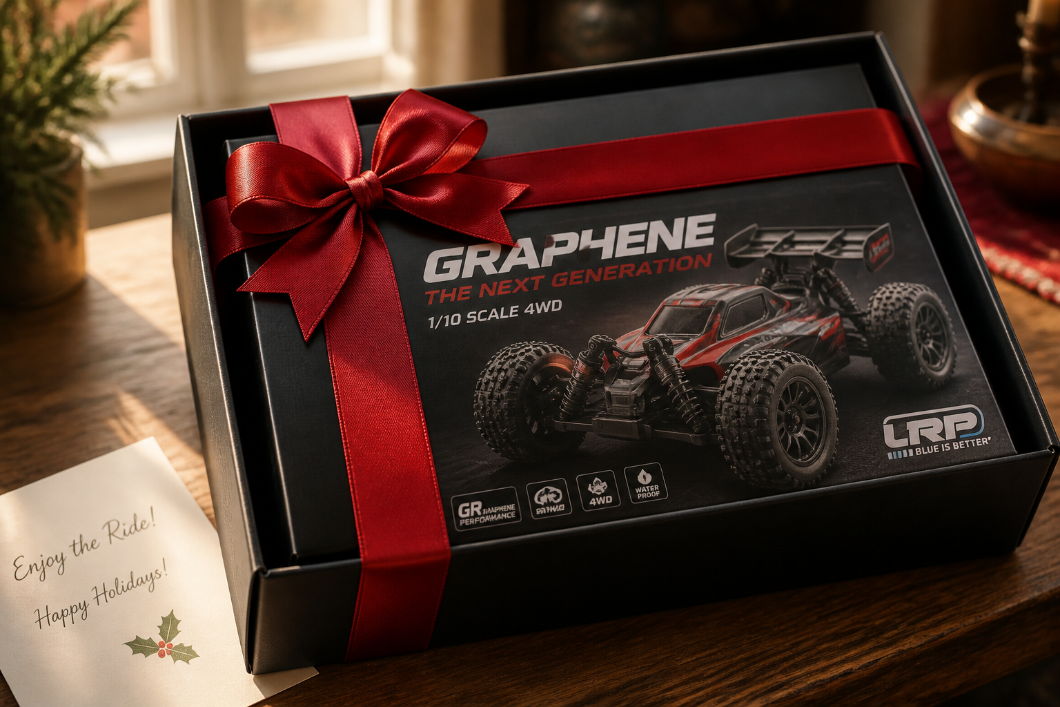 GRAPHENE RC car gift packaging setup with ribbon and bow for birthday gifting