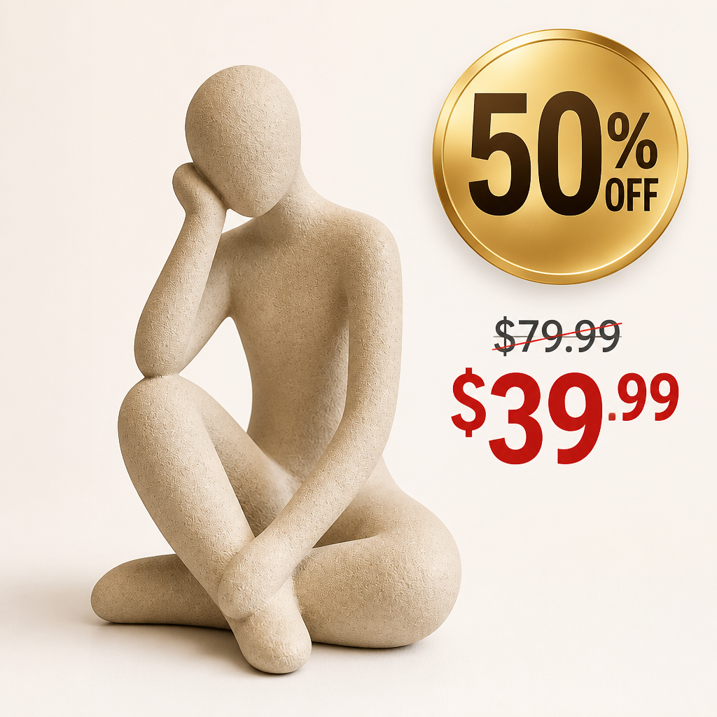 Product hero image of the Abstract Thought Thinker Accent Resin with a large 50% OFF golden badge overlay and bold pricing comparison text