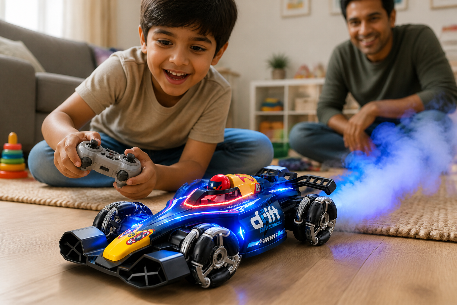 Collage of happy Indian kids and parents playing with the GRAPHENE RC car on a living room floor with one parent smiling in the background while a child makes the car do a smoke drift