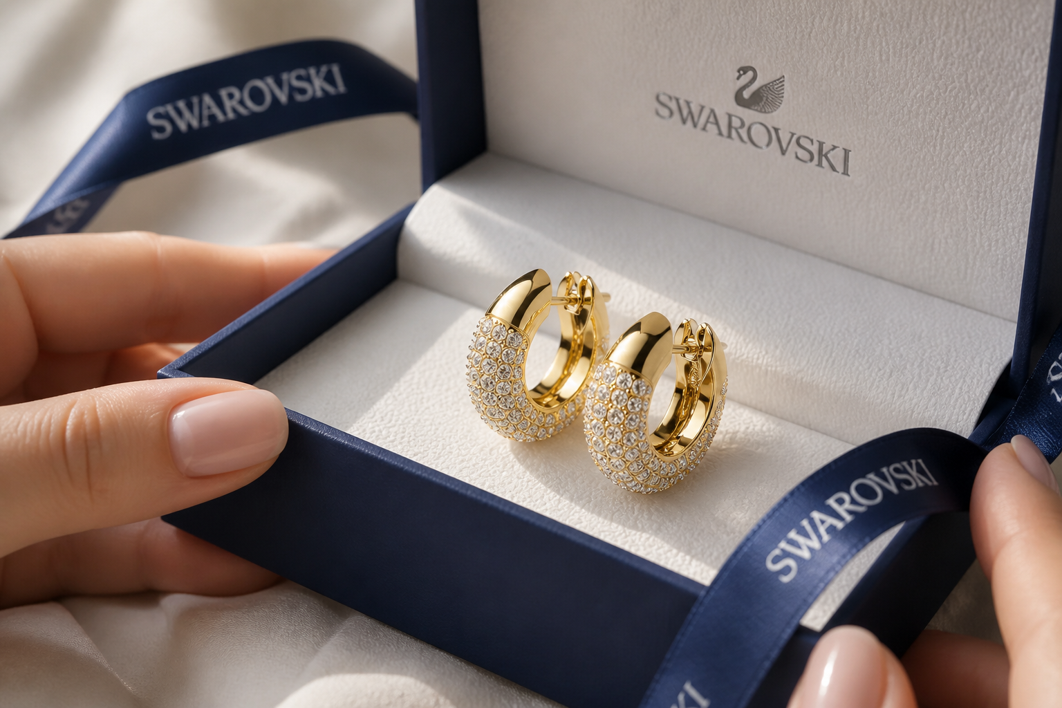 Iconic Swarovski navy blue jewelry box opened to reveal Dextera hoop earrings nestled on white padding with branded ribbon