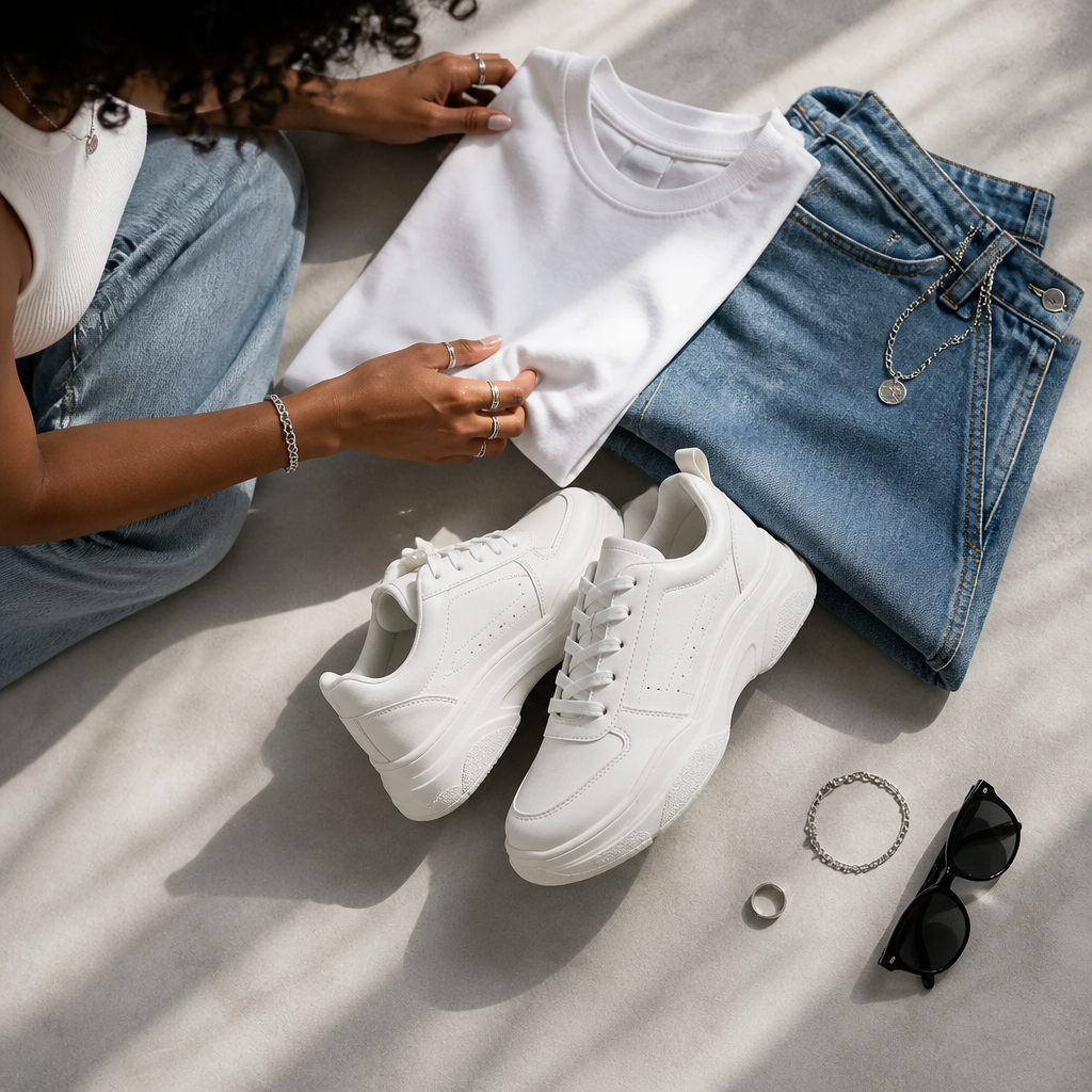 Flat-lay collage showing Nike Sneakers 3 styled with casual weekend outfit including denim jeans, white tee and minimal accessories